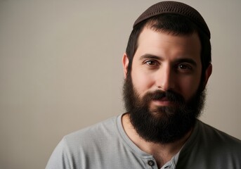 Obraz premium Close Up Portrait of a Young Religious Jewish Man with Full Black Beard Wearing a Traditional Brown Knit Kippah Yarmulke and Grey Shirt looking Calmly at Camera on Neutral Background