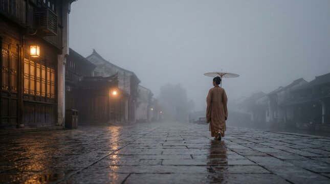 Solitary Figure Strolls Through Ancient Eastern Town on Rainy Flagstone Path