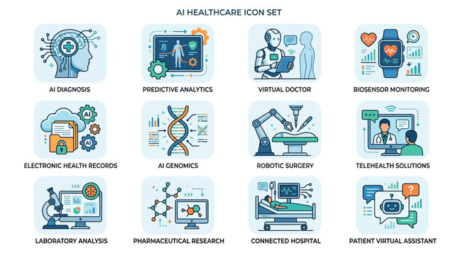 AI Healthcare Icons Set: Diagnosis, Robotics, Genomics, Telemedicine, Wearables