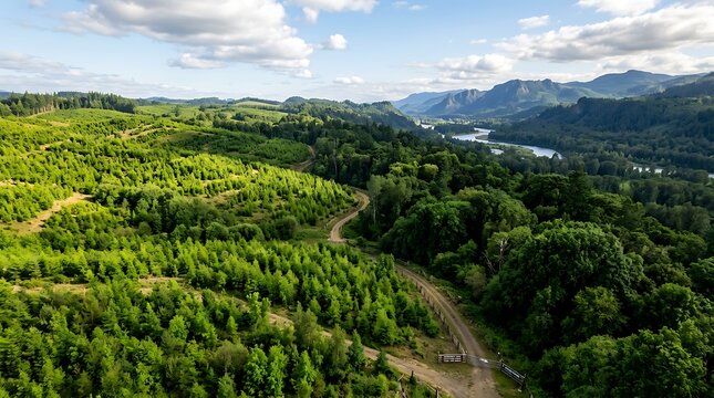 Aerial view of young conifer plantation in lush mountain valley with plantation
