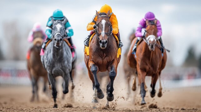 Horse race close finish with jockeys in colorful silks competing intensely on a dirt track