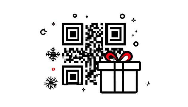 Christmas qr code with gift box and snowflakes, holiday offer marketing concept