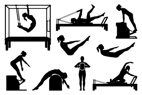 Silhouettes of female pilates poses and equipment exercises.