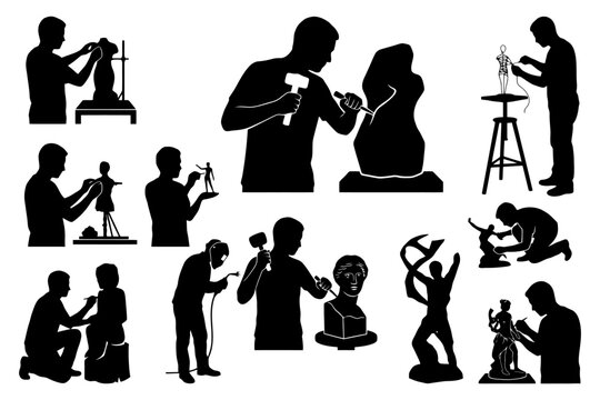 Silhouettes of sculptors at work creating art with hammers and chisels.