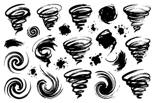 Abstract black tornado and swirl brush strokes on white background.