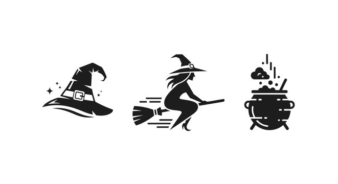 Whimsical Halloween witch icons with broom and cauldron.