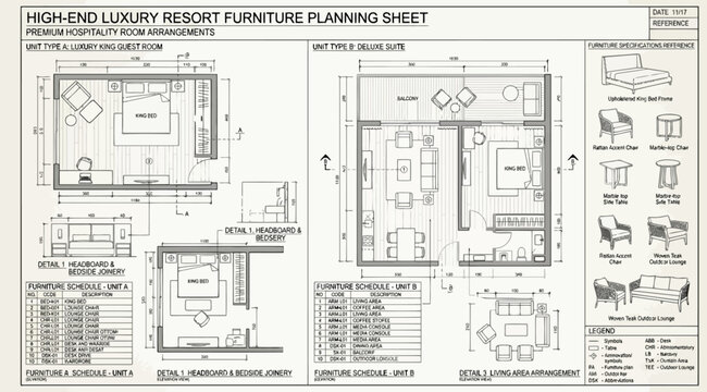 Highend luxury resort furniture planning sheet with floor plans and furniture schedules