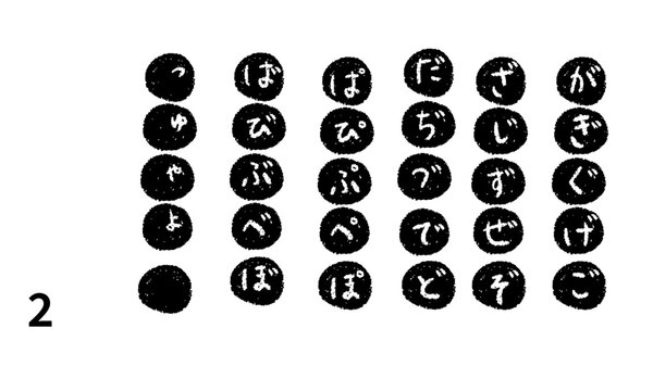 手描きの丸を敷いた濁点・半濁点ひらがなセット素材