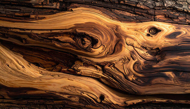 close-up of weathered wood grain with knot patterns and insect holes, natural texture and organic abstract shapes in warm brown tones