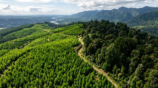 Aerial perspective of reforestation project in mountainous terrain with mountain