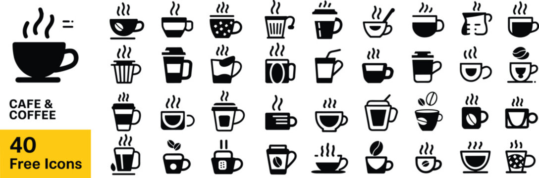 Cafe coffee cup icon set, solid vector design for cafe menu, restaurant, beverages, espresso, cappuccino, hot drink, barista, branding