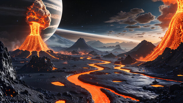 A dramatic alien landscape with multiple erupting volcanoes, flowing lava rivers, and a large gas giant planet in the sky.