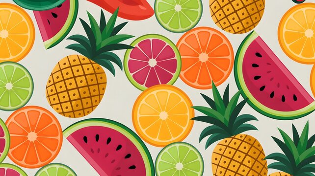 Seamless pattern with tropical fruits pineapple, watermelon, orange, lime and grapefruit slices