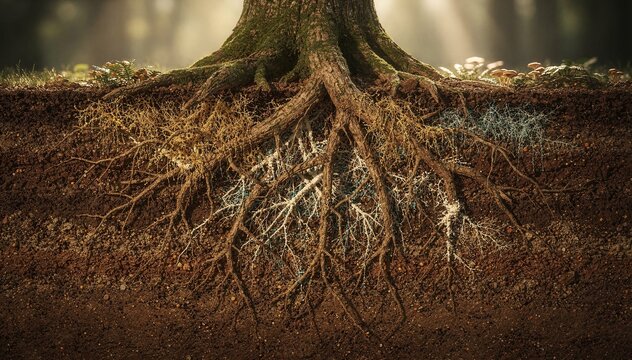 Intricate subterranean network of tree roots revealed in cross-section, showcasing vitality and interdependence within the soil, illuminated by soft natural light filtering through an unseen canopy ab