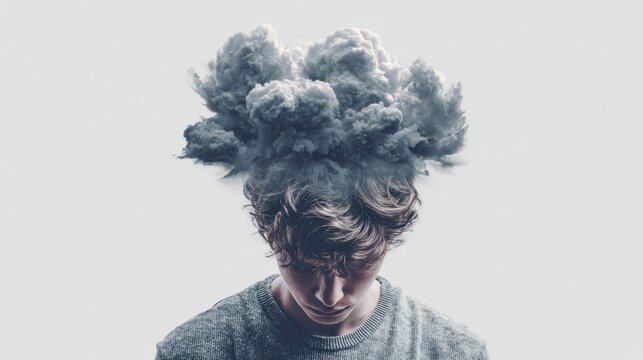 Young man's head exploding with dark smoke, symbolizing mental overload and stress