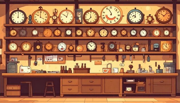 Vintage clockmaker workshop with many clocks.