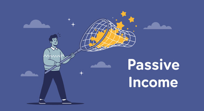 Man catching passive income stars with net, concept illustration