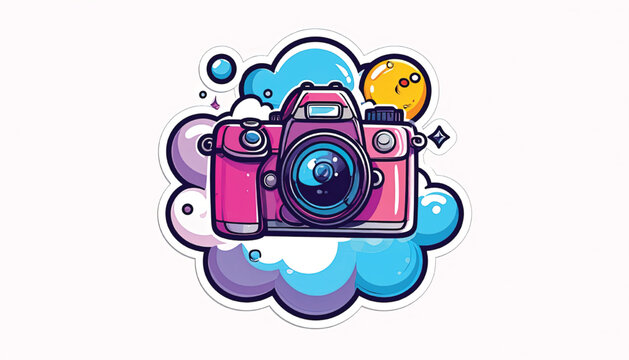 Colorful cartoon camera with lens.