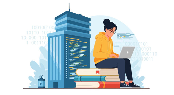 Woman coding on laptop surrounded by books and abstract building with binary code.