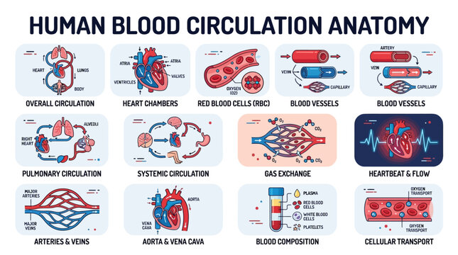 Human Blood Circulation Anatomy Infographic: Heart, Vessels, Cells, Oxygen Transport