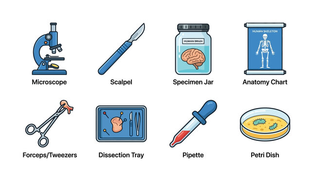 Science Laboratory Tools and Equipment - Microscope, Scalpel, Pipette, Petri Dish