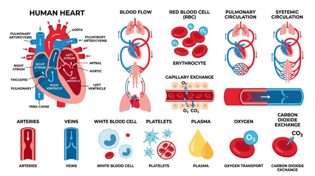 Human Heart Anatomy and Blood Circulation Diagram - Medical Science Illustration