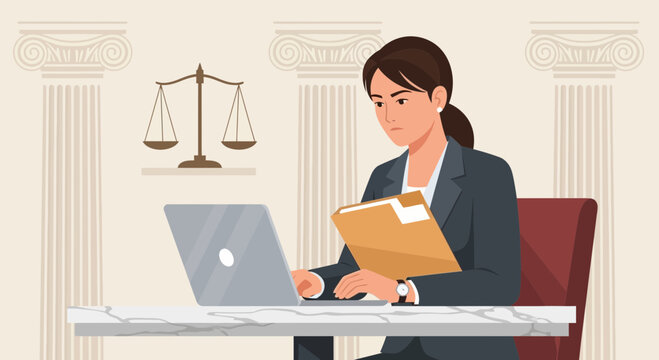 Lawyer Working on Laptop with Legal Documents and Scales of Justice Symbol