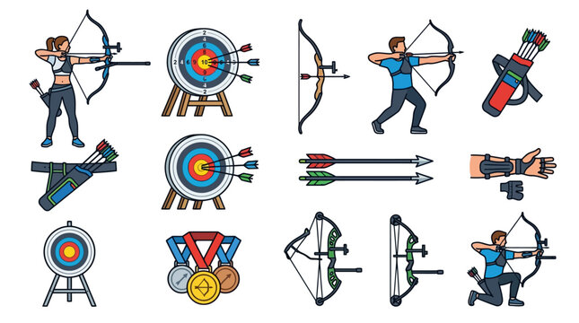 Archery Equipment and Athletes Set: Bows, Arrows, Targets, Medals, and Action Poses
