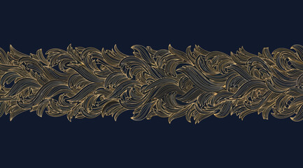 Elegant gold filigree floral border pattern on a dark navy blue background © S.Siam