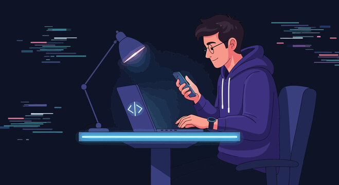 Hacker with phone distracts programmer coding on laptop with glitch effect