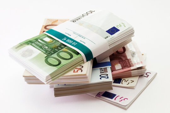Bundles of euro banknotes, close-up