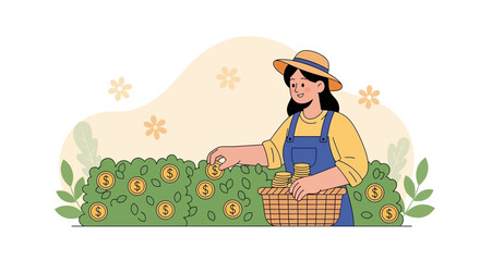 Fototapeta premium Gardener collecting money coins from bush, investment, finance, and growth concept
