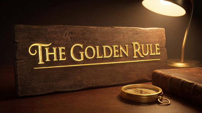The golden rule illuminated on a wooden sign, symbolizing ethics, morality, and life guidance with a compass and old book