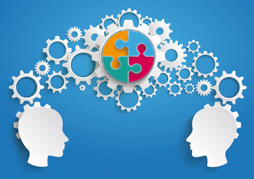 Vector Illustration, heads, gears and puzzle