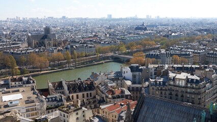 Fototapeta premium Paris skyline over Seine and rooftops with spring trees and distant landmarks