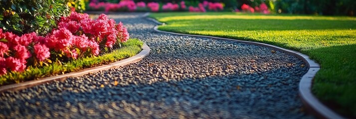 Fototapeta premium Winding Gravel Path in Lush Garden Surrounded by Vibrant Azaleas and Beautiful Stone Borders