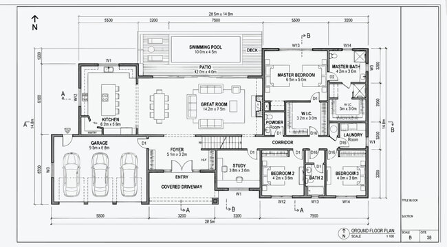 Comprehensive architectural floor plan of a large luxury villa with garage and pool