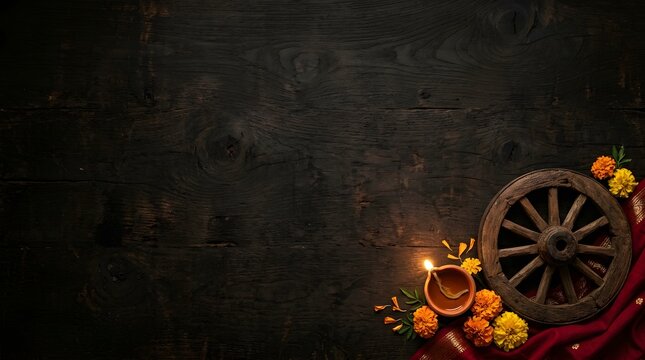 Dharmachakra wheel with diya lamp and marigold flowers on wooden background