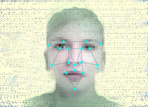 Face with facial recognition pattern and computer glitch effect