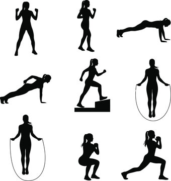 Fitness Exercise Silhouettes of Women Performing Cardio, Squats, Plank, Jump Rope and Stretching