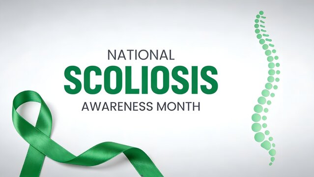 National scoliosis awareness month banner featuring a green silk ribbon and a stylized human spine illustration on a clean white background for medical health awareness campaigns