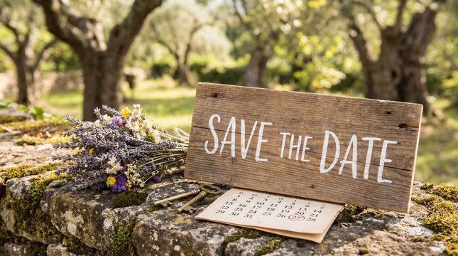 Save the date concept with rustic wooden sign, calendar, and dried flowers for wedding or special event invitation outdoors