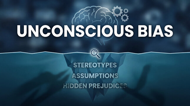 Unconscious bias concept with brain and iceberg showing stereotypes, assumptions, and hidden prejudices