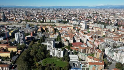 Fototapeta premium Europe , Italy , Milan - drone aerial view of Symbiosis new modern area in downtown whit new skyline and skyscrapers - Prada Foundation and Scalo Porta Romana Olympic Village 