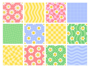 Naklejka premium Y2k seamless patterns set. Daisy, wave, chess, mesh, smiling flowers. Backgrounds in trendy retro trippy 2000s style. Vector illustration