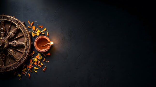 Dharmachakra wheel with diya lamp and marigold petals on dark background