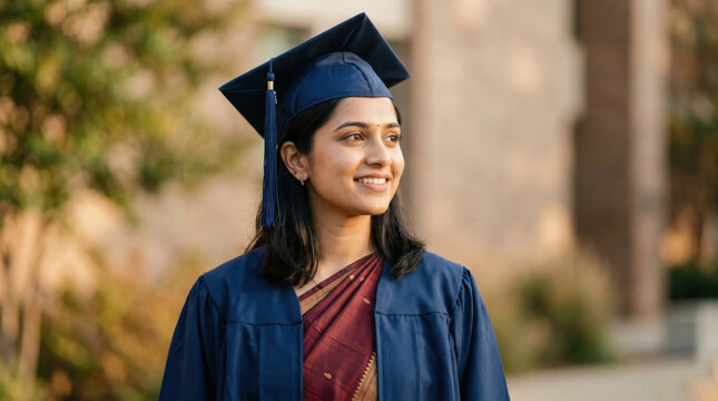 A smiling Indian female student wearing a graduation cap and blue gown over a traditional saree on a college campus.   