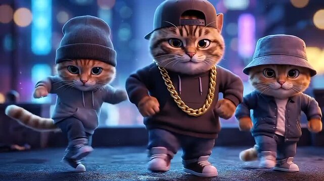 Three cute cats dancing hip hop on a street at night with blurred bokeh background, 3D cartoon style