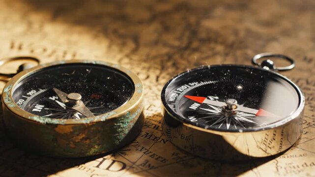 Two compasses resting on a vintage map. Antique navigational instrument beside a modern metallic compass. Equipment for navigation and exploration on grid paper