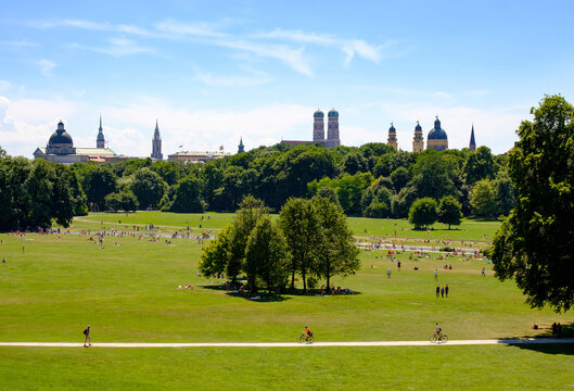 Germany, Munich, view of English Garden with skyline in the background seen from Monopteros